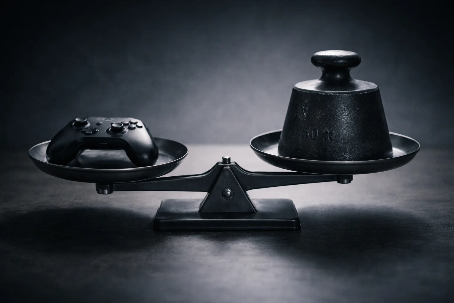 A cinematic still-life of a game controller balanced against a heavy metal weight, symbolizing the Activision acquisition burden