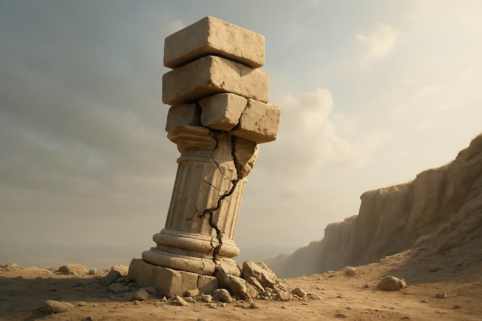 A cracked marble pillar collapsing on eroding ground near a cliff, representing weakening foundations in AI ROI, slowing SaaS growth, and rising crypto treasury risk as markets approach a 2026 correction.