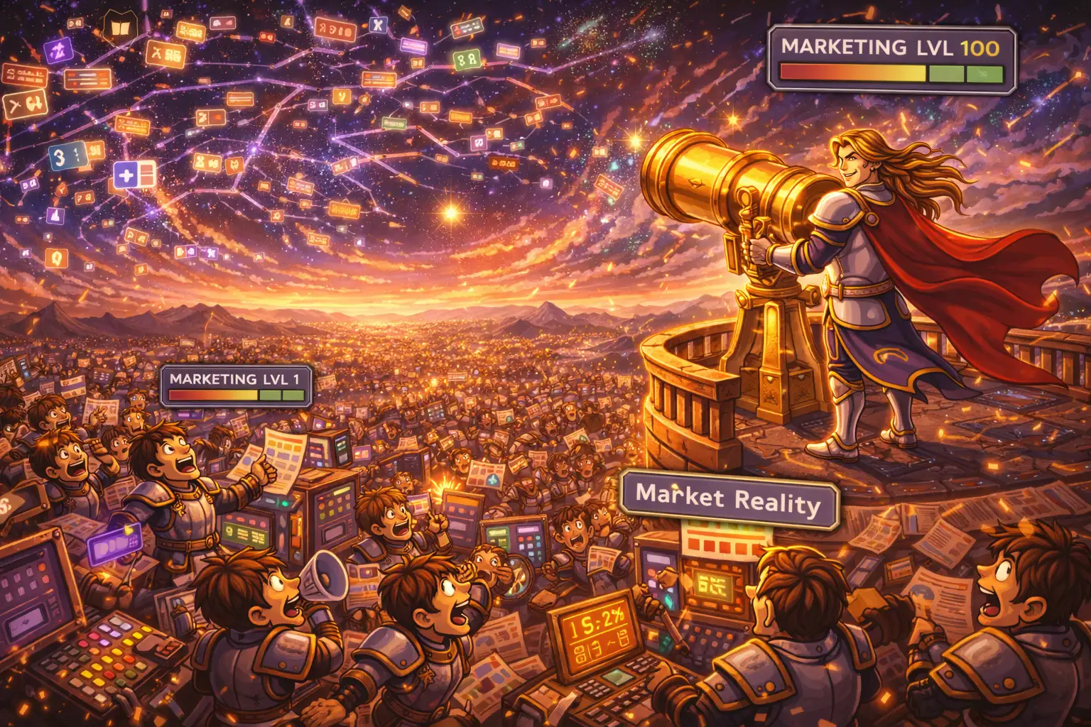 Editorial illustration showing an alpha marketer seeing patterns, opportunities, and market signals that weaker marketers miss.