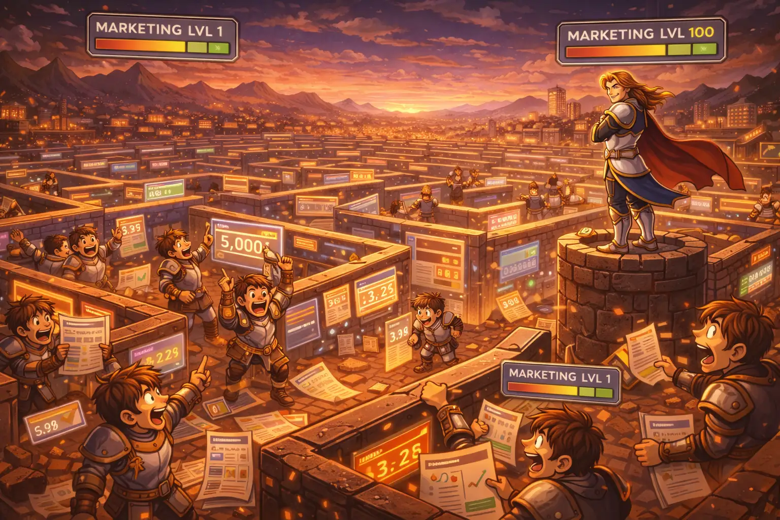 Editorial illustration showing apathy marketers lost inside a maze of activity while a stronger operator stands above the confusion.