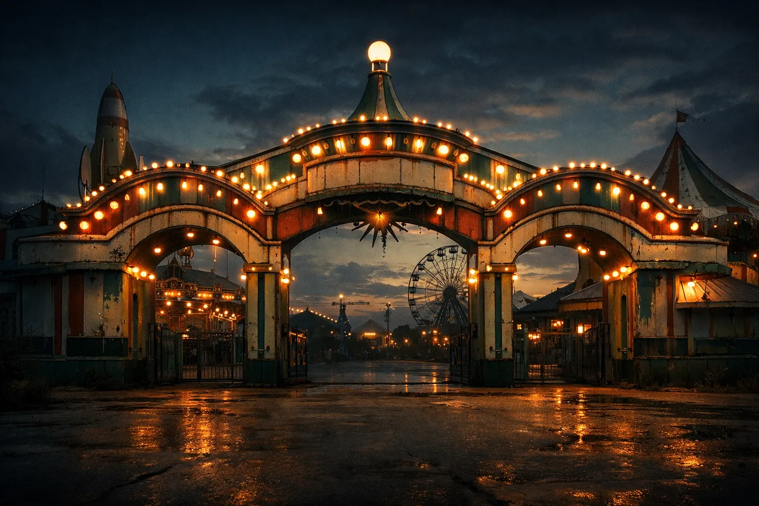 Abandoned retro-futurist carnival entrance glowing at dusk, freshly painted but subtly decaying.