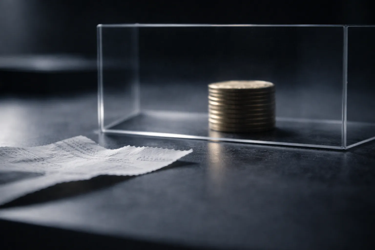 A minimalist coin behind a clear barrier with torn paper in the foreground, symbolizing transaction friction and exit penalties