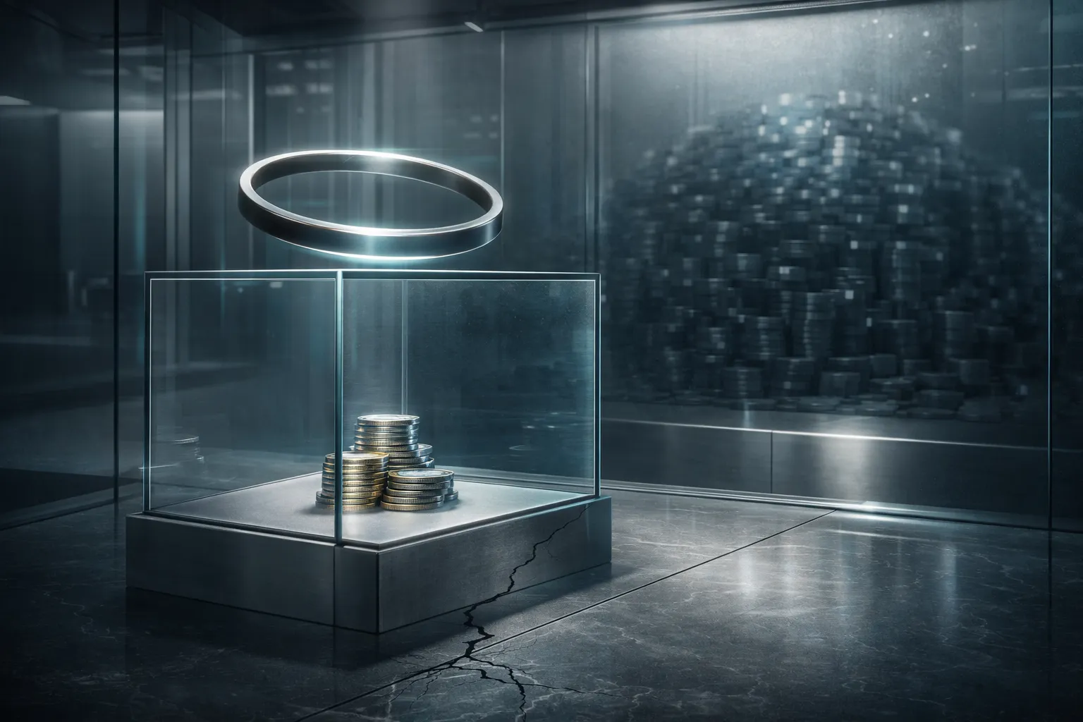 Cinematic bank-vault interior with a small stack of metallic tokens in a glass case, a looming shadow of locked supply behind frosted glass, and a cracked halo ring above.