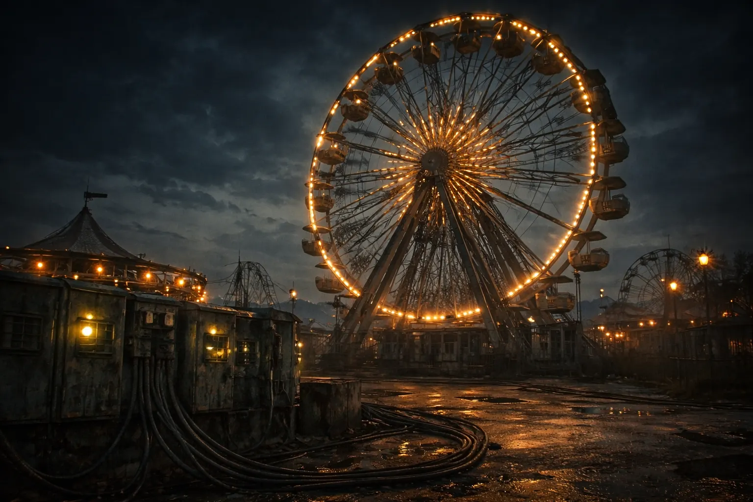 A ferris wheel lit up at night turning with no riders, showing rusted beams and strained electrical boxes.