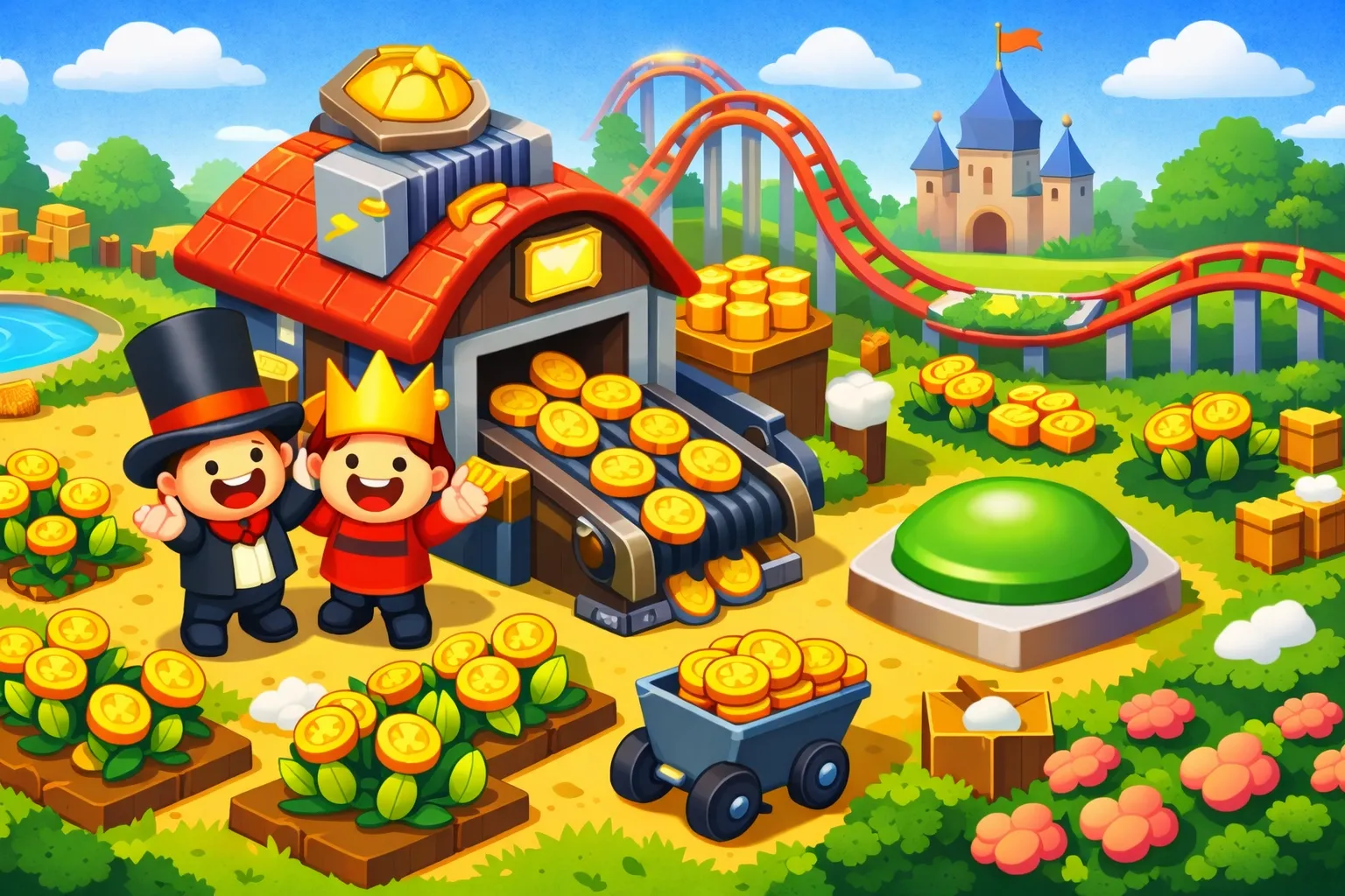 Bright mobile-game style token mill farm illustrating how CreateMyToken scales memecoin issuance