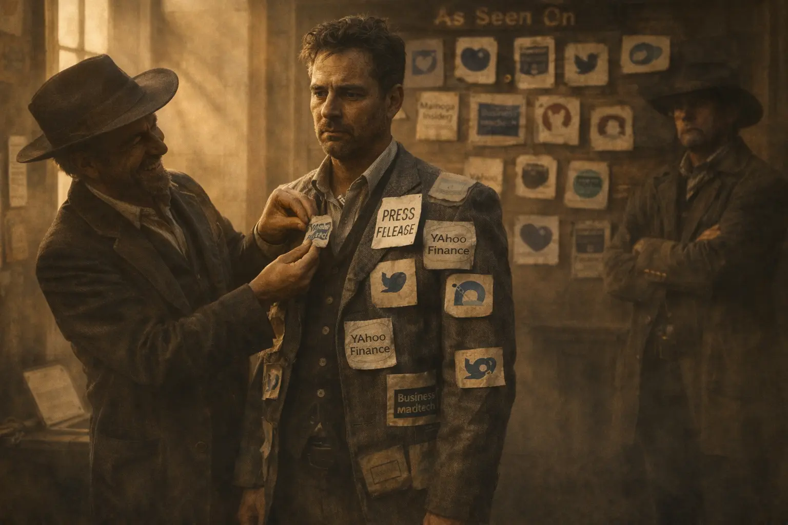 A tired founder wearing a suit made of fake media logo badges while a vendor pins on another badge, with a skeptical journalist watching from the side.