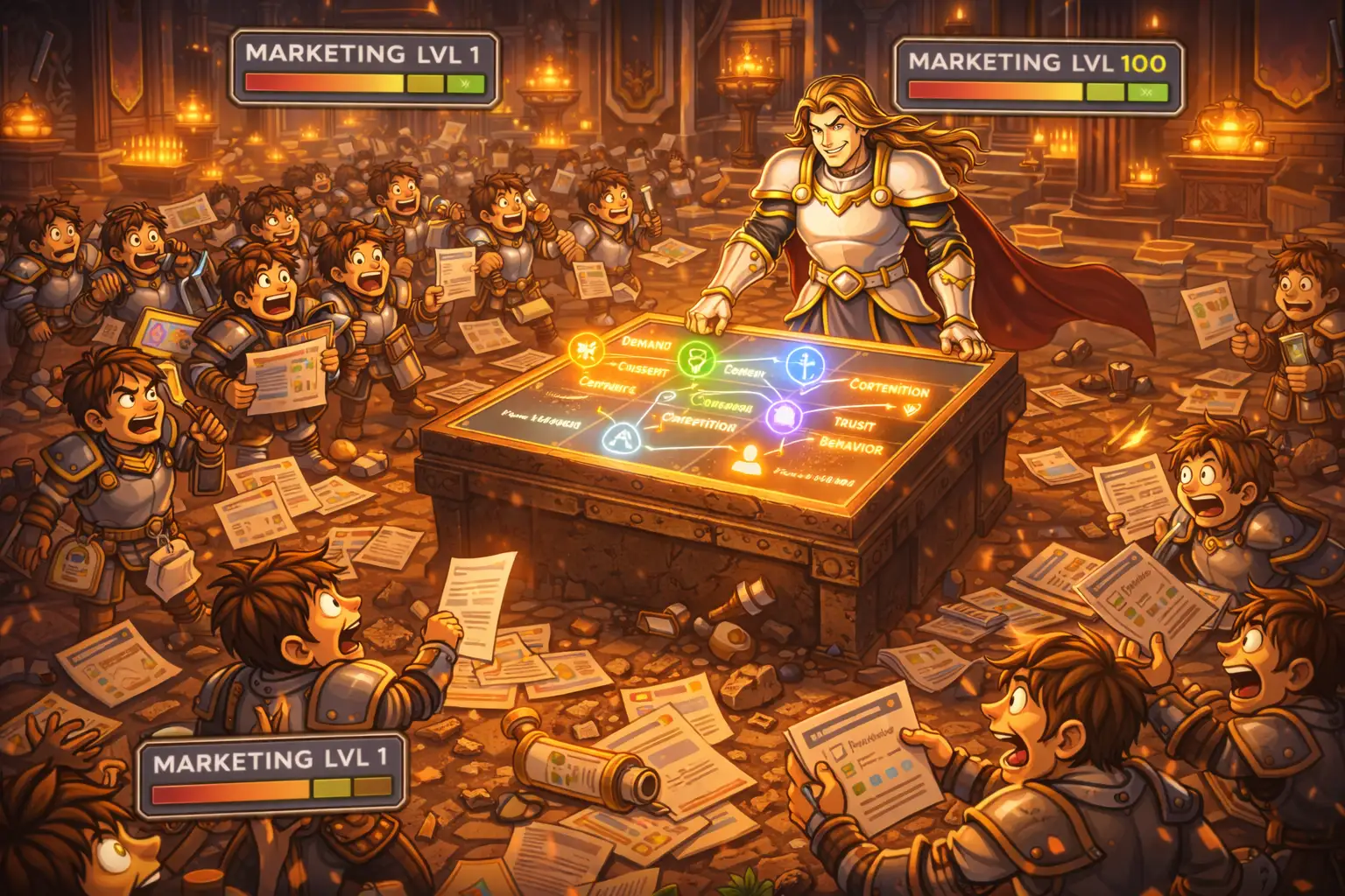 Editorial illustration showing one strong strategist directing the field while weaker marketers struggle to copy the same tools and tactics.