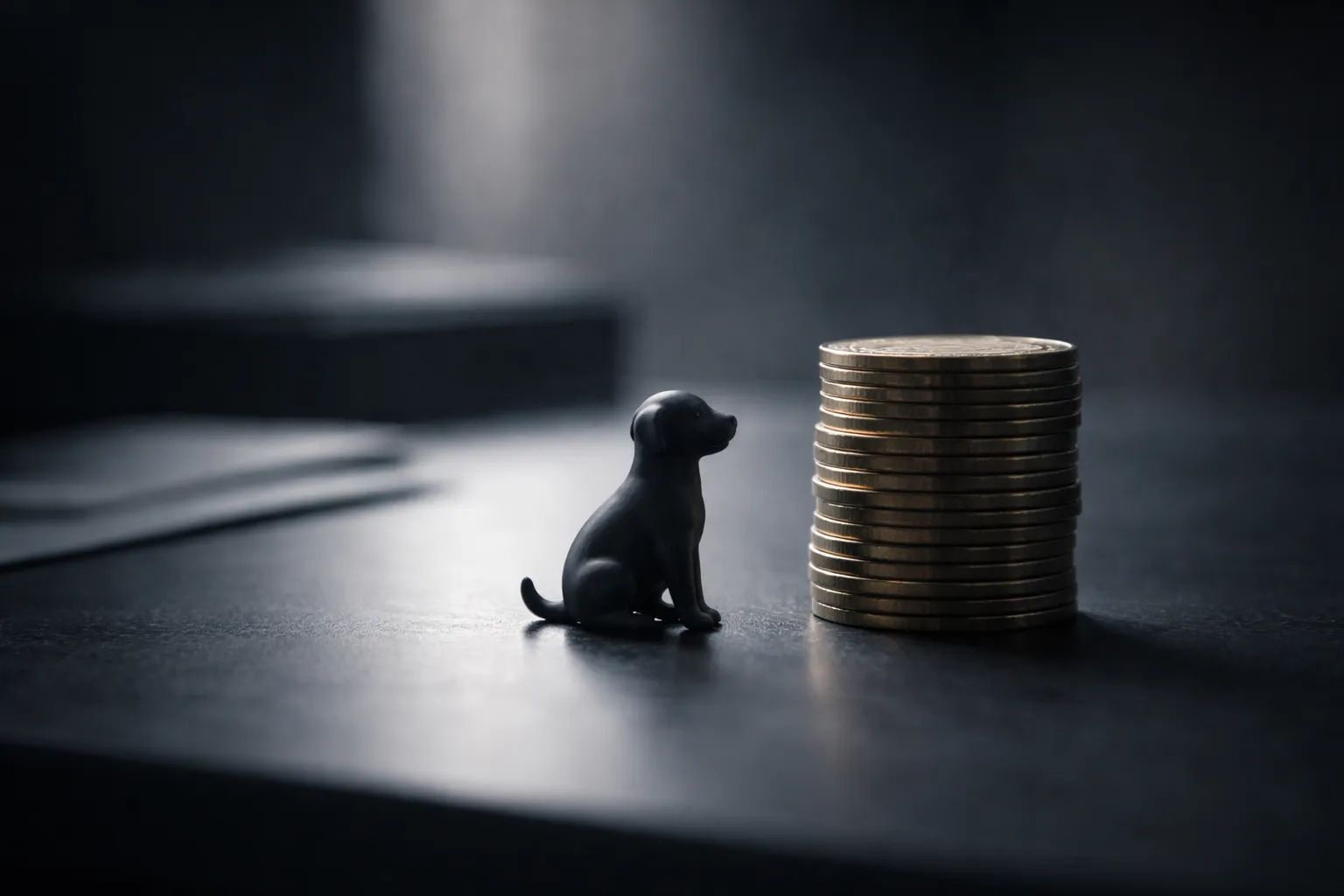 A cinematic still life of a small dog figurine beside a heavy stack of coins, symbolizing meme-coin speculation