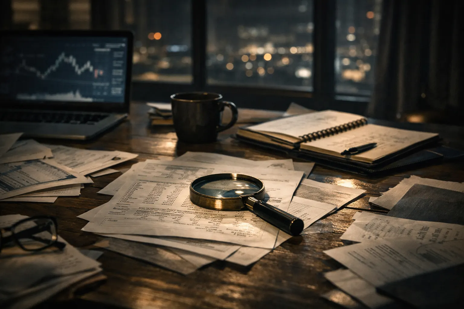Late-night investigative desk scene representing crypto due diligence and a trader’s stewardship audit