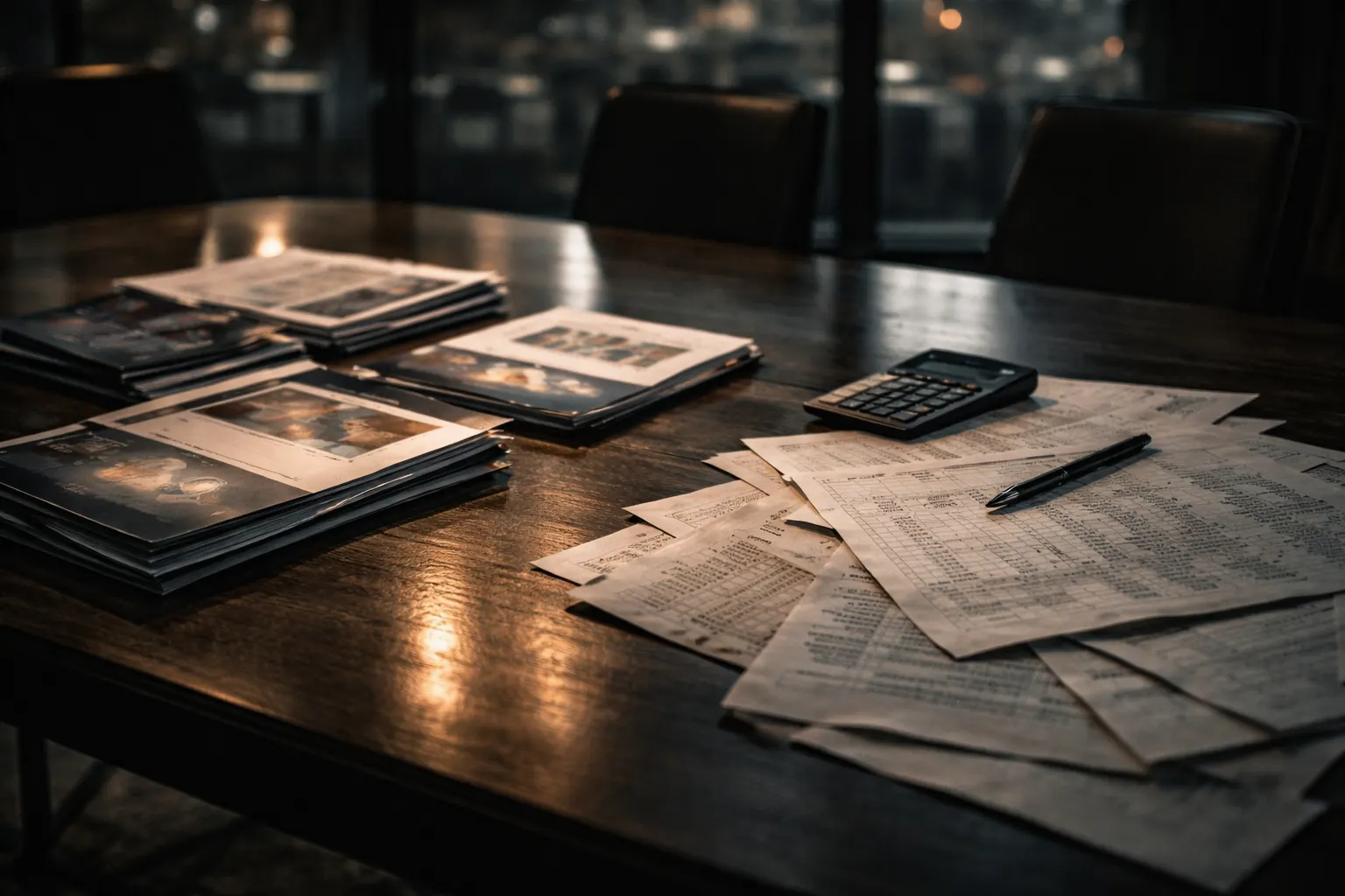 Dimly lit boardroom with scattered documents and evidence, symbolizing scrutiny of claims versus receipts