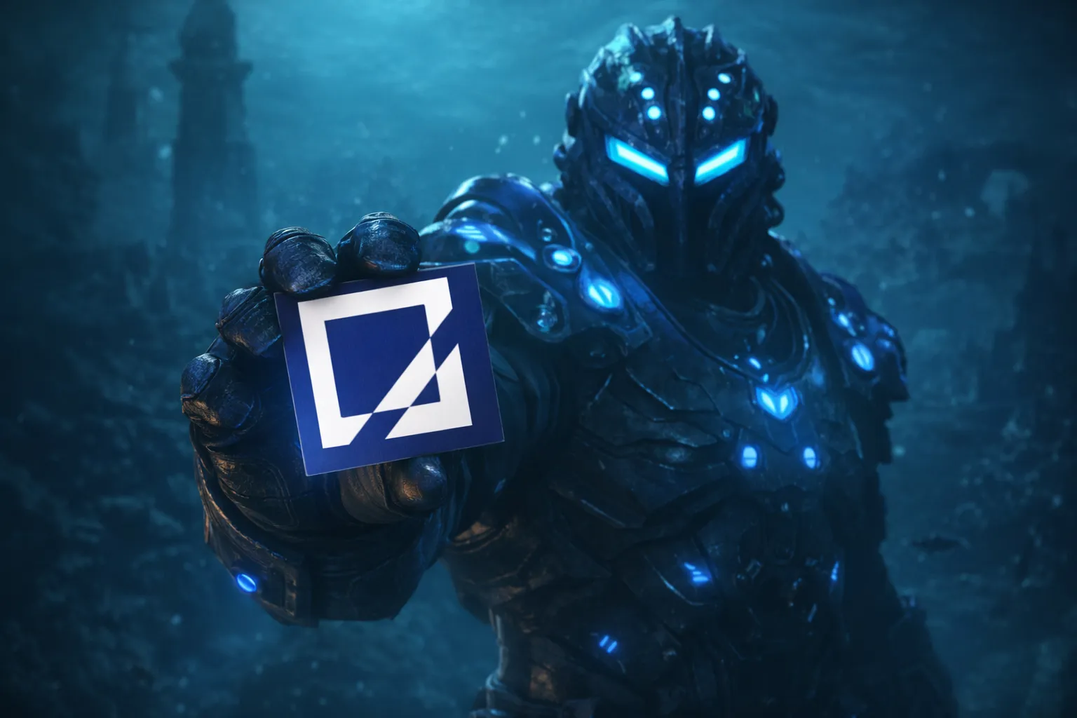 Giant Armored Deep Monolith Warrior Holding VaaSBlock Logo