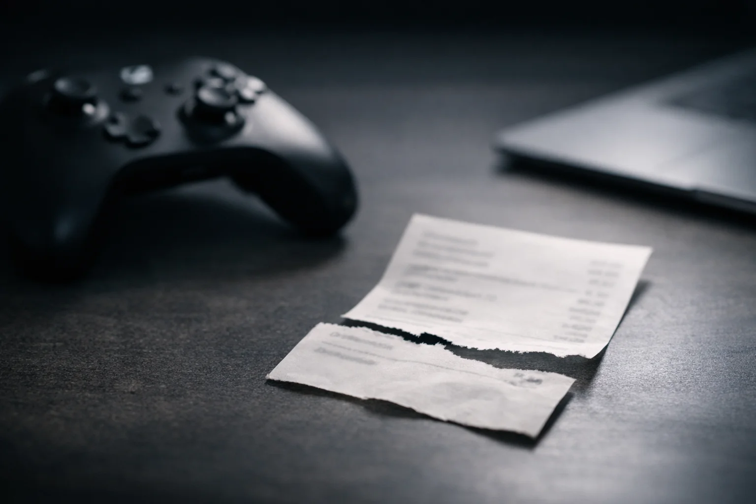 A cinematic still-life of a game controller beside a torn subscription receipt, symbolizing rising Game Pass prices and fan churn