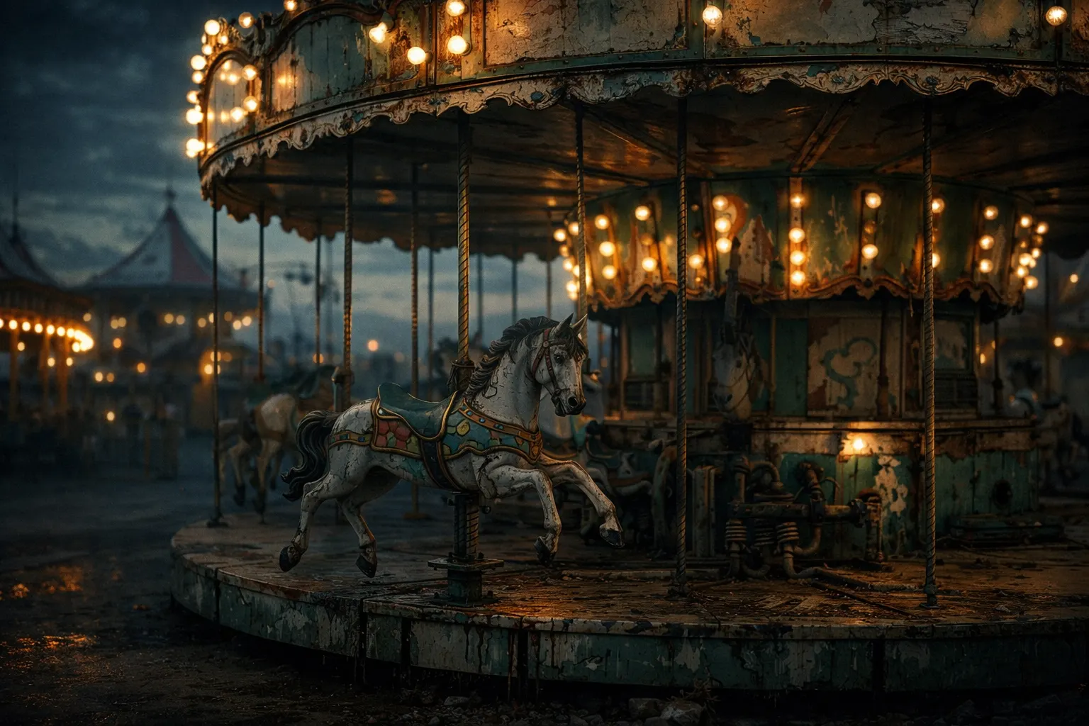 A powered vintage carousel ride showing cracks, corrosion, and blistering paint.