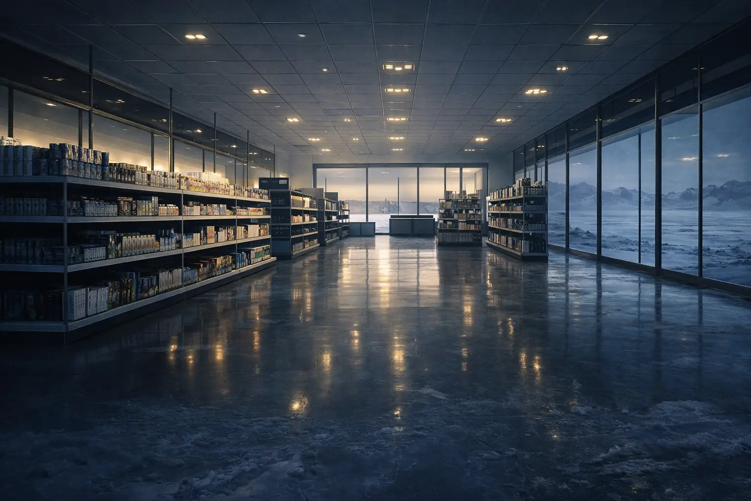 Inside a pristine modern flagship store with stocked shelves and warm lighting, but no customers or staff