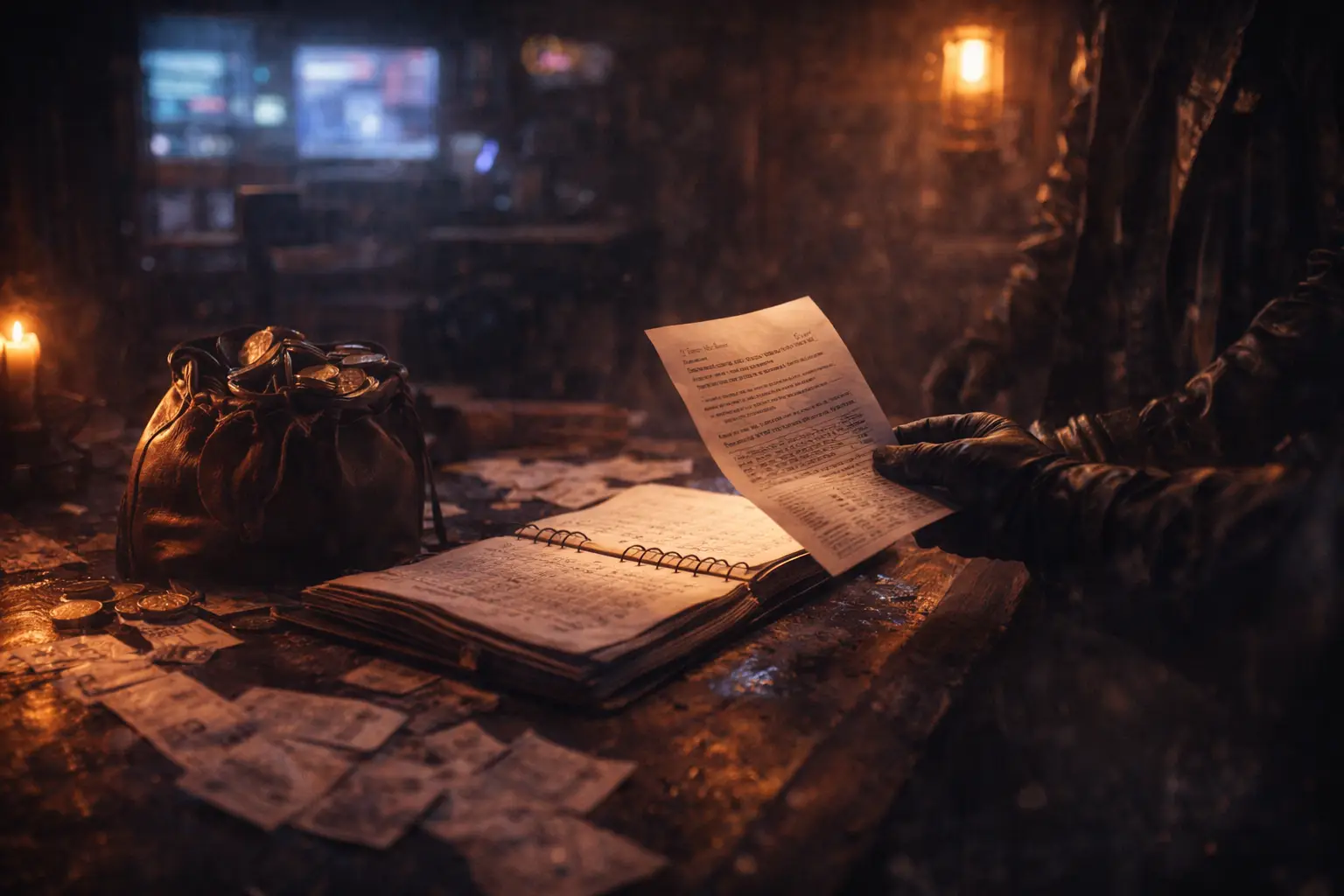 Dim cyberpunk western office scene: a ledger and scattered receipts on a table beside a contract-like document and an evidence folder, lit with harsh tungsten realism