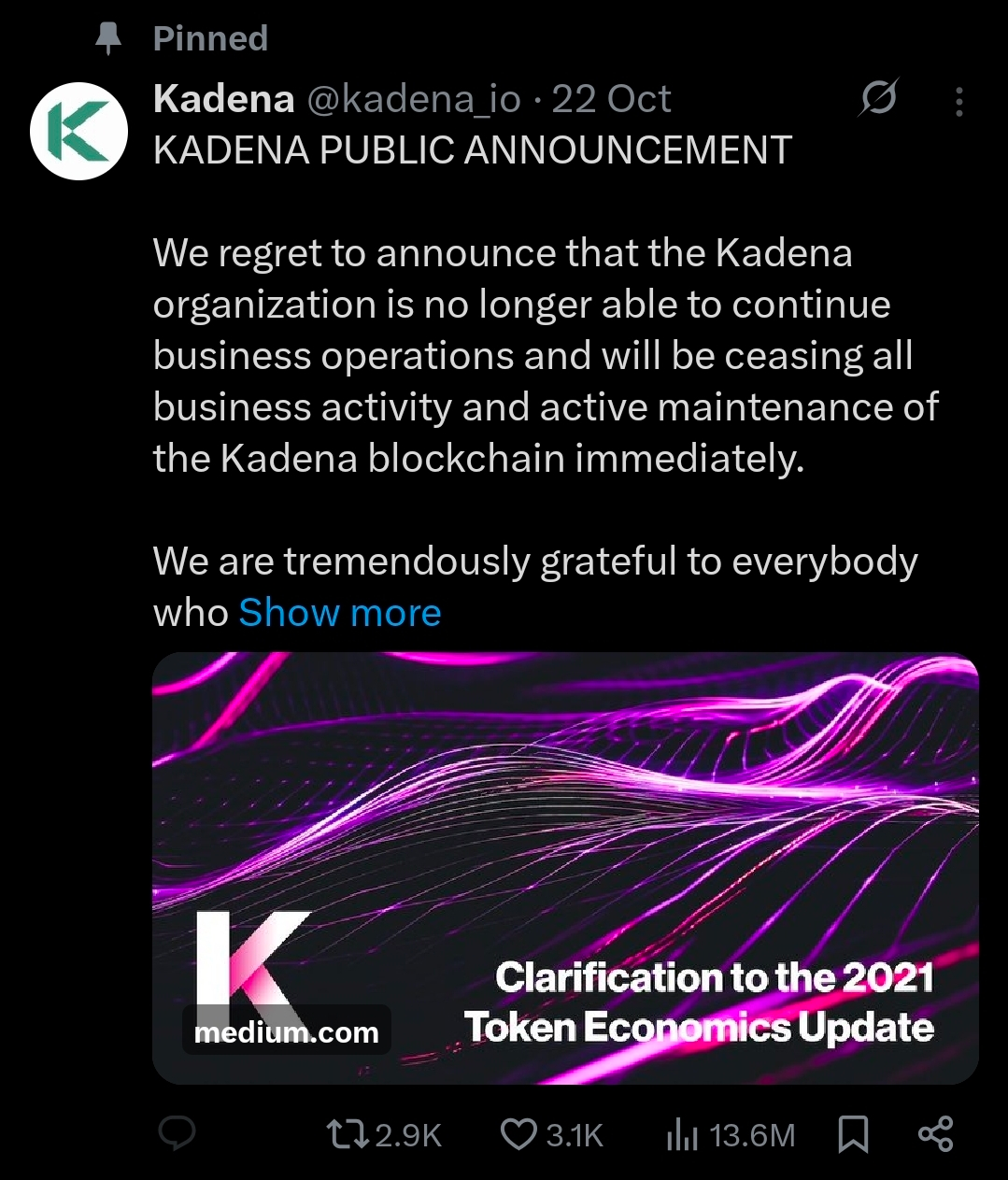 Screenshot of the final Kadena shutdown tweet announcing cessation of operations and maintenance.