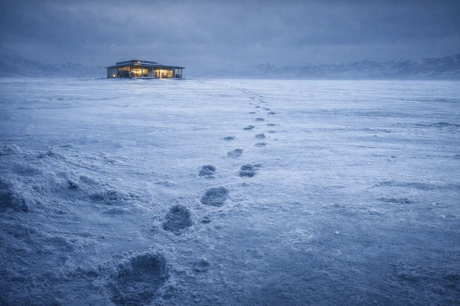 A trail of footprints across a frozen plain fades and stops before reaching a distant glowing store