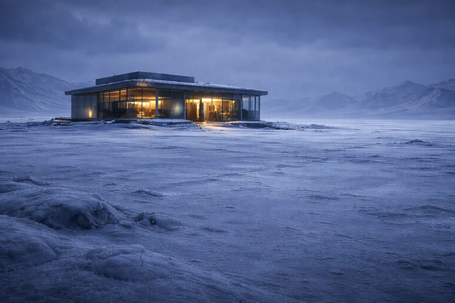 The isolated flagship store stands in a silent frozen landscape with heavier frost and dimmer lights, suggesting slow decline
