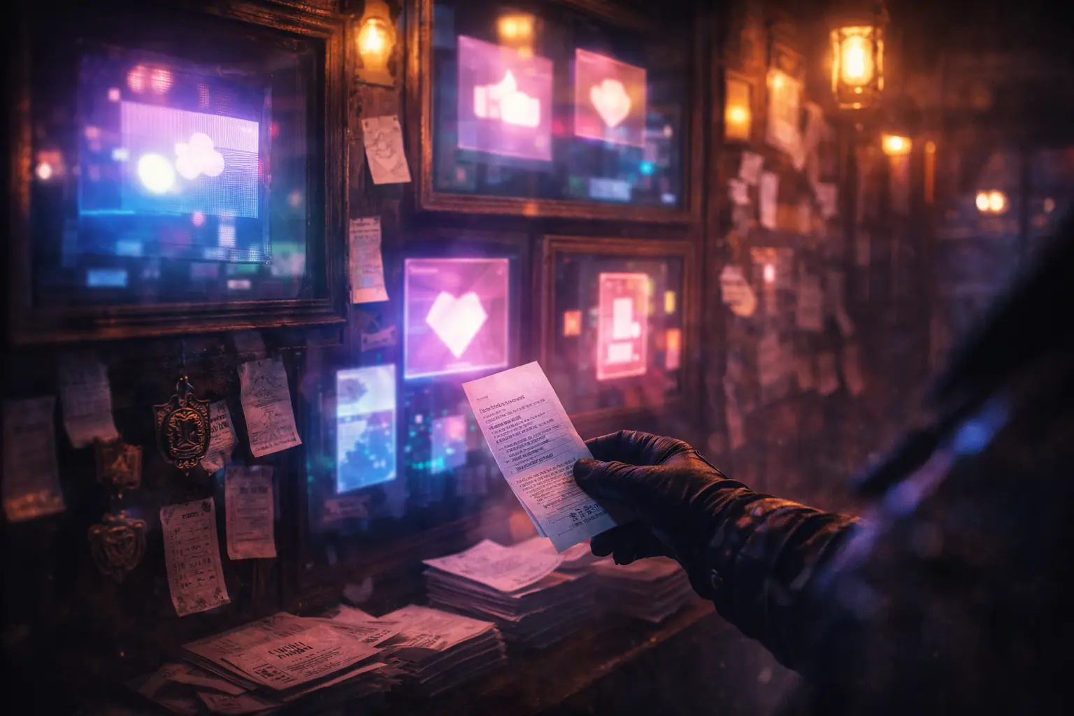 Close-up of a glowing wall of abstract ‘logos’ and holographic panels like a credibility shrine, receipts pinned like trophies in a neon cyberpunk saloon