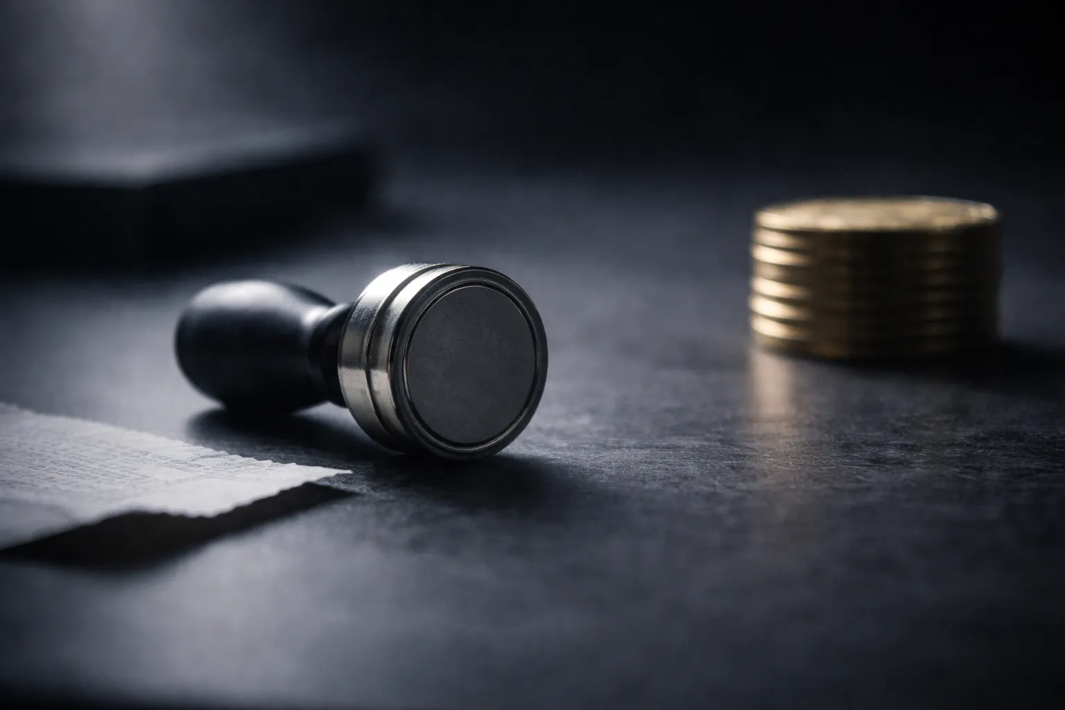 A cinematic still life of an unused verification stamp beside a coin, evoking missing trust signals in crypto