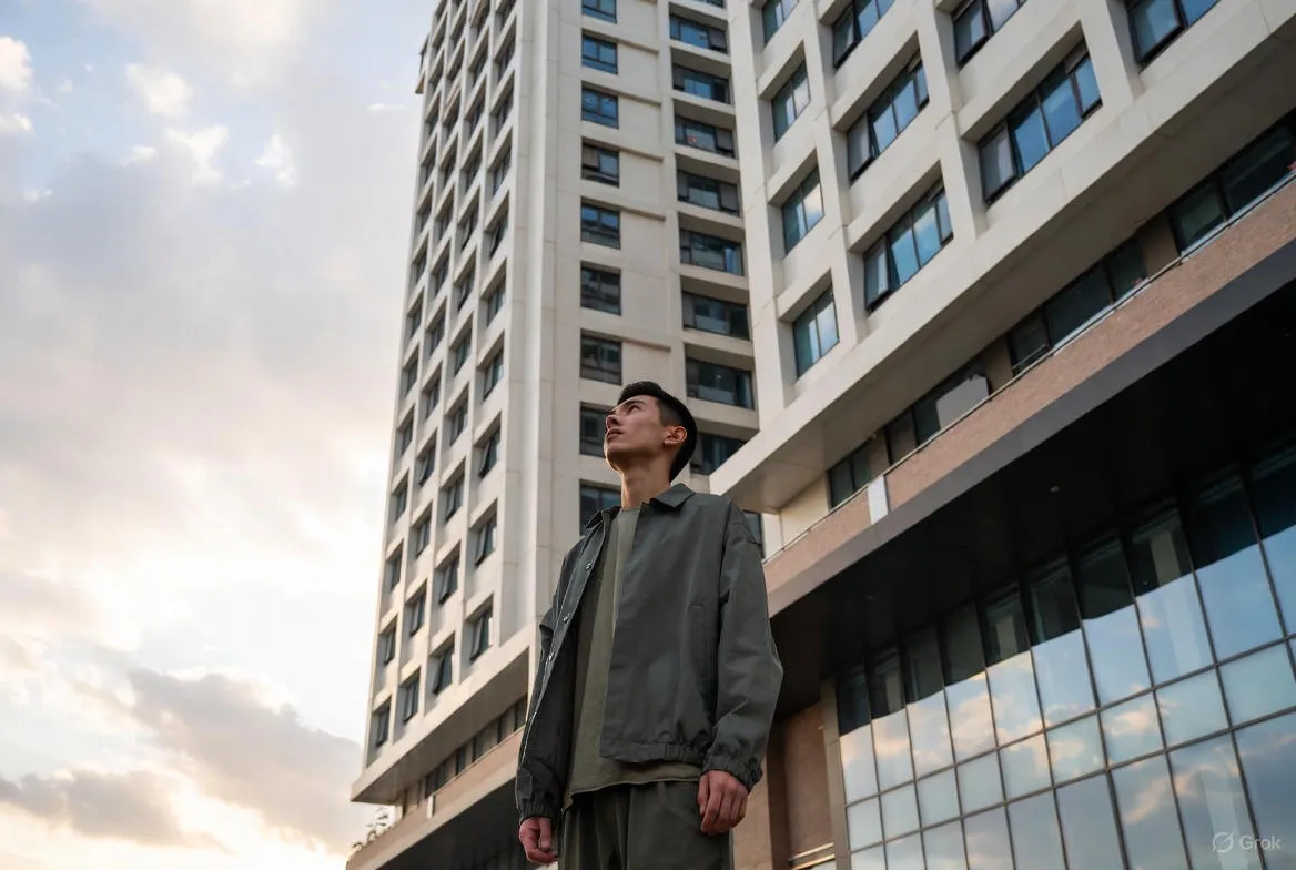 Man Looking Up With Tall Building At His Back