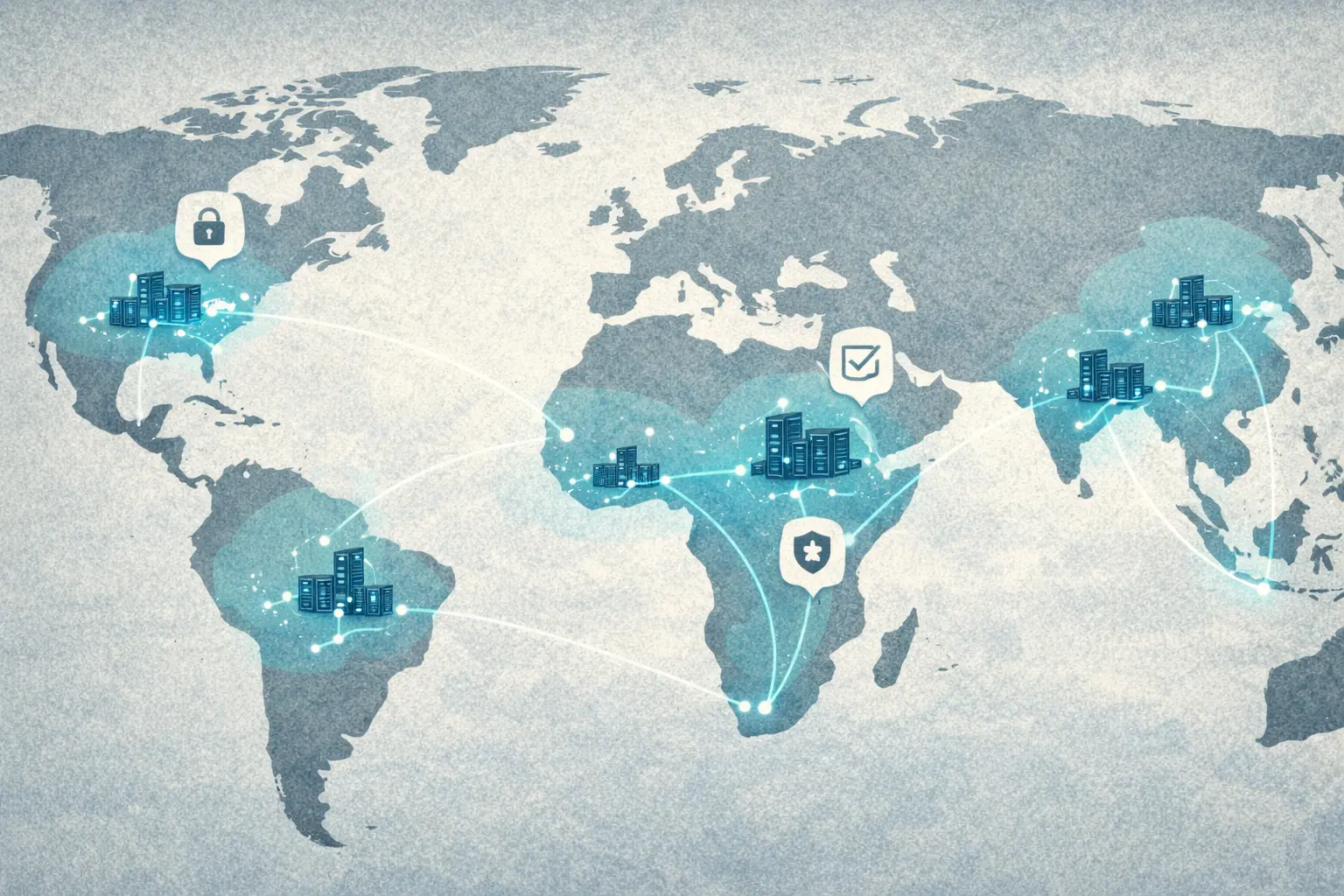Editorial illustration of a simplified world map highlighting jurisdiction zones, sovereign cloud requirements, and regional AI deployment routes.