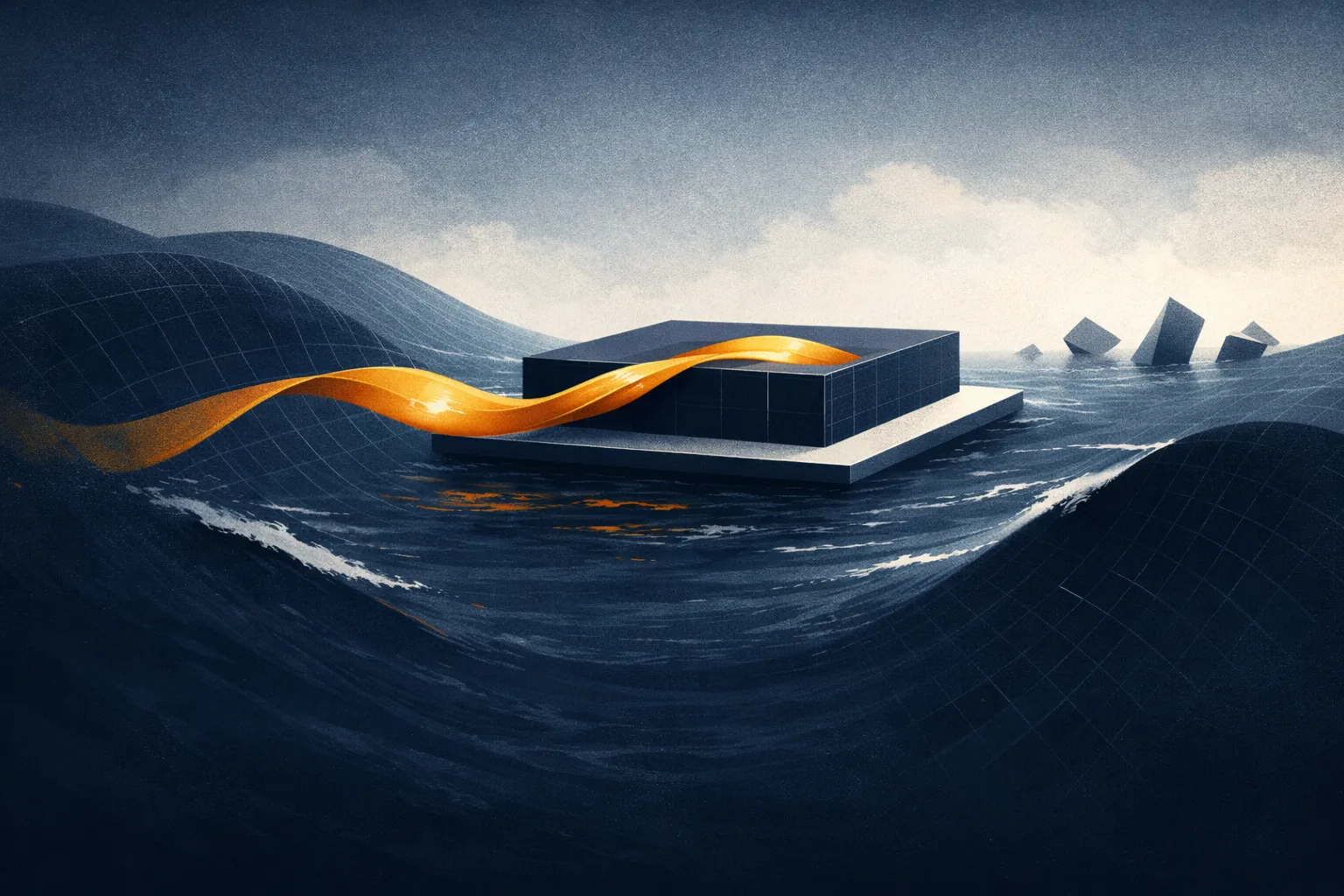 Abstract illustration of a stable financial platform riding ocean-like ledger waves with an amber ribbon flowing through it, representing institutional on-chain credit and sustained liquidity in volatile markets
