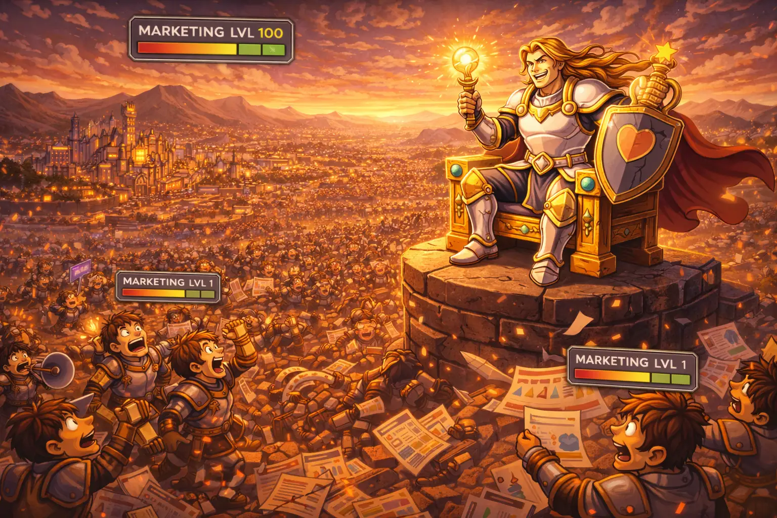 Editorial illustration showing an elite marketer standing above a crowded field of weaker marketers in a brutal competitive market.