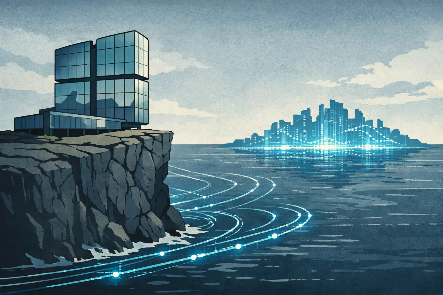 Editorial illustration of Microsoft’s headquarters cracking as a glowing Azure-style continent emerges across a data-ocean.