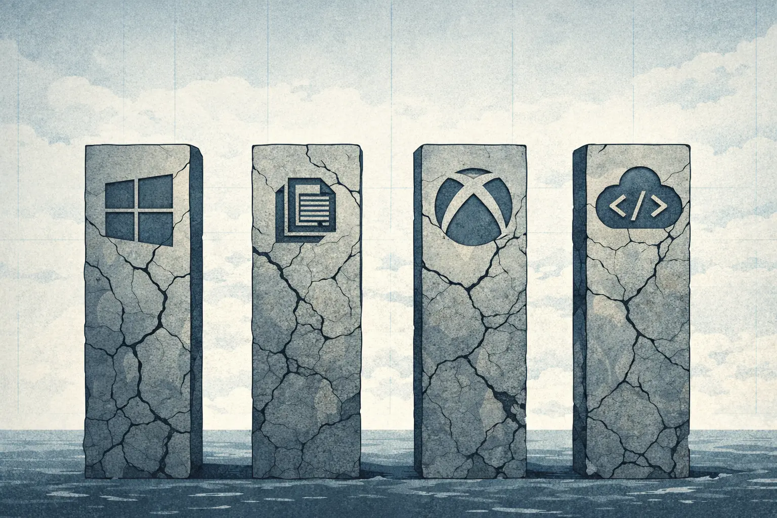 Editorial illustration of a tall corporate structure being cut down to represent Microsoft restructuring and the cost of speed.