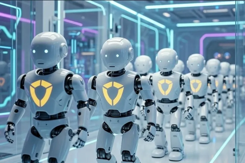 Mini White Robots Marching