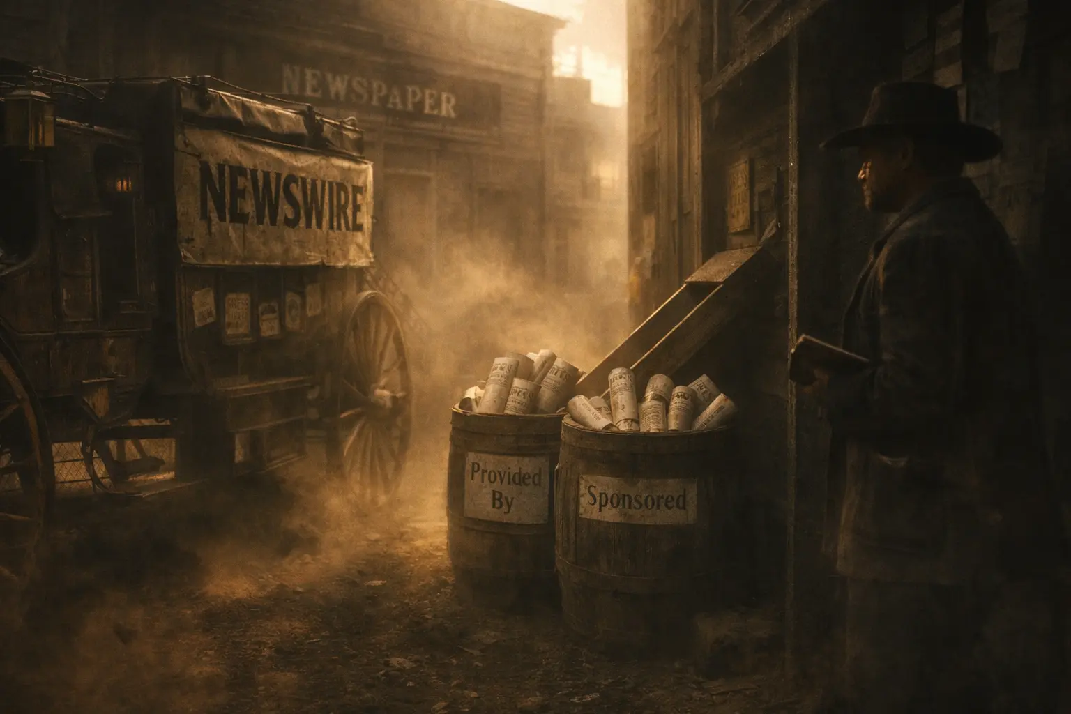 Old west stagecoach labeled “Newswire” delivering press release scrolls into barrels marked “Provided By” and “Sponsored,” while a journalist watches unimpressed.
