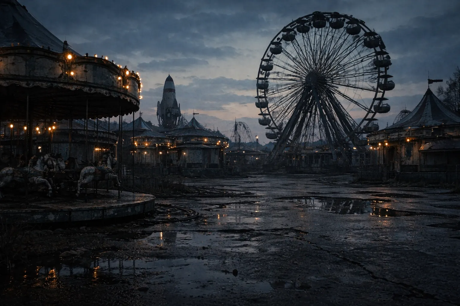 An abandoned amusement park at dawn with most lights off, peeling paint, and puddles reflecting faint broken light.