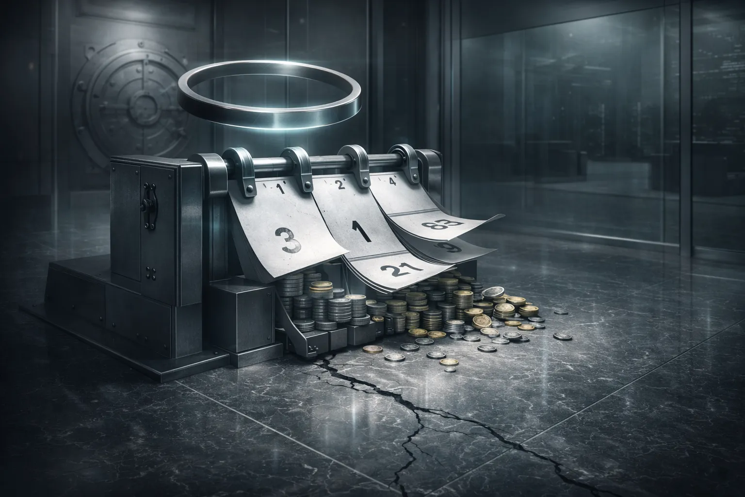 Minimal corporate calendar display inside a bank-like setting, with pages tearing and falling away as metallic tokens spill across the floor, suggesting unlock pressure and loss of control.
