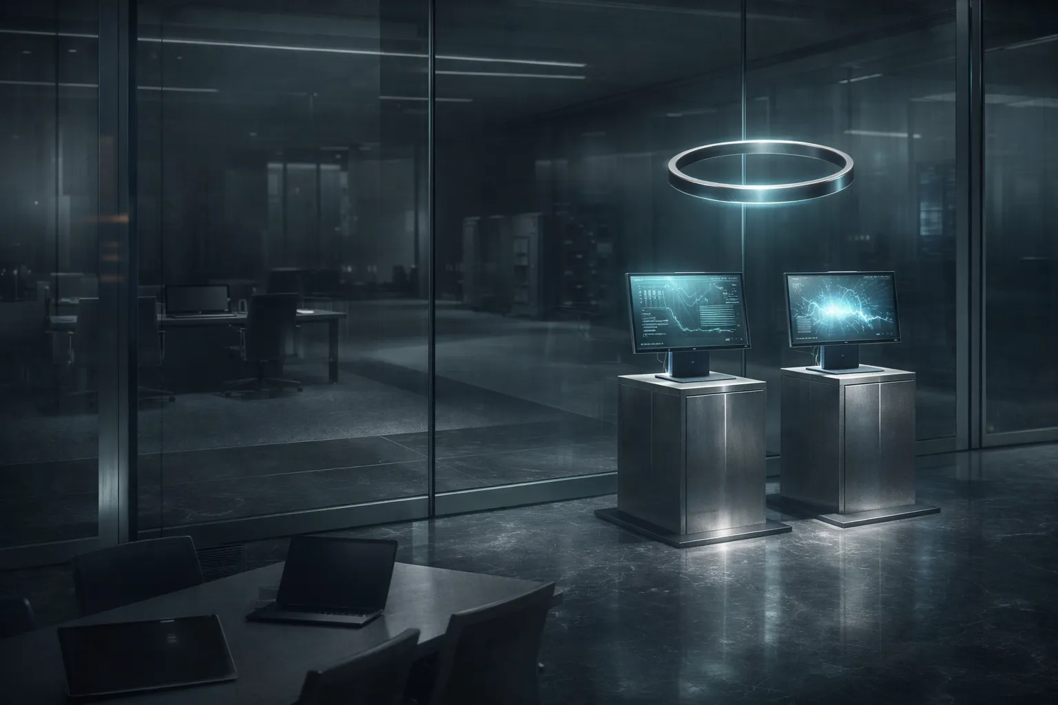 Sleek banking terminal interface in a sterile institutional setting, with a single transaction approval panel illuminated while the surrounding system remains dim and inactive.