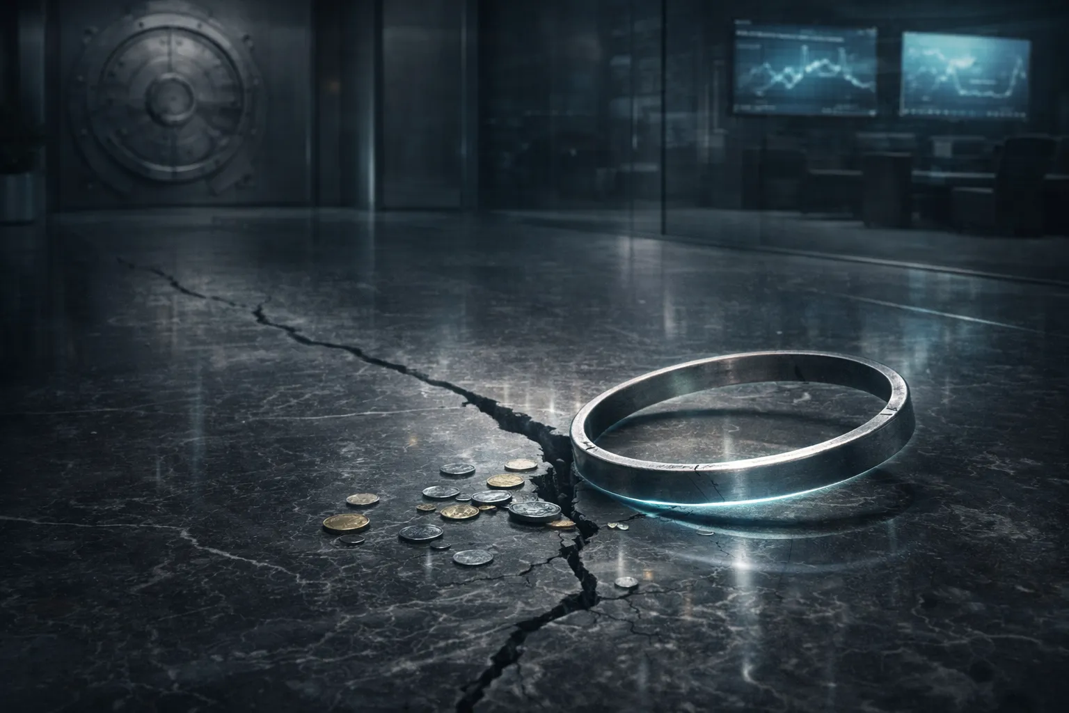 Sterile institutional interior where a heavy stack of metallic tokens has cracked the polished floor, with fractures spreading outward under cool corporate lighting.