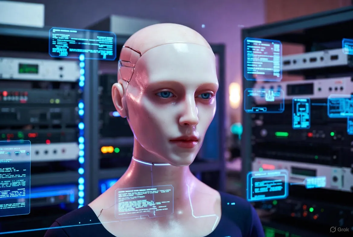 Humanoid Bald AI Woman On Laboratory