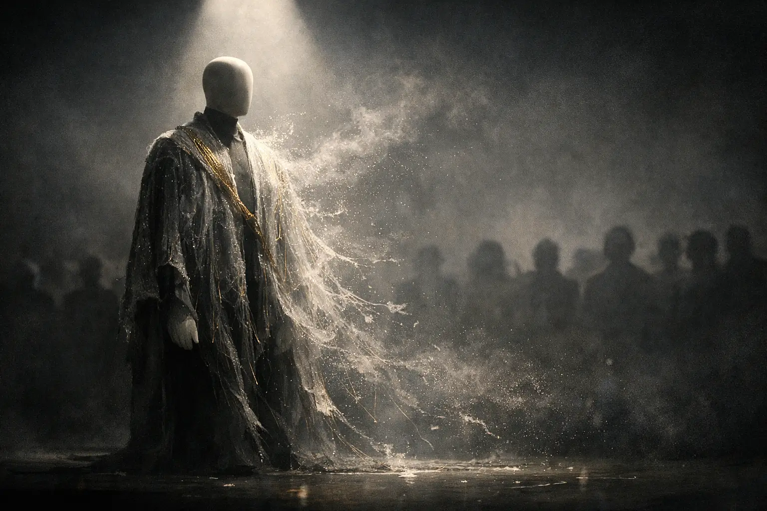 Abstract editorial illustration: emperor figure unraveling under spotlight