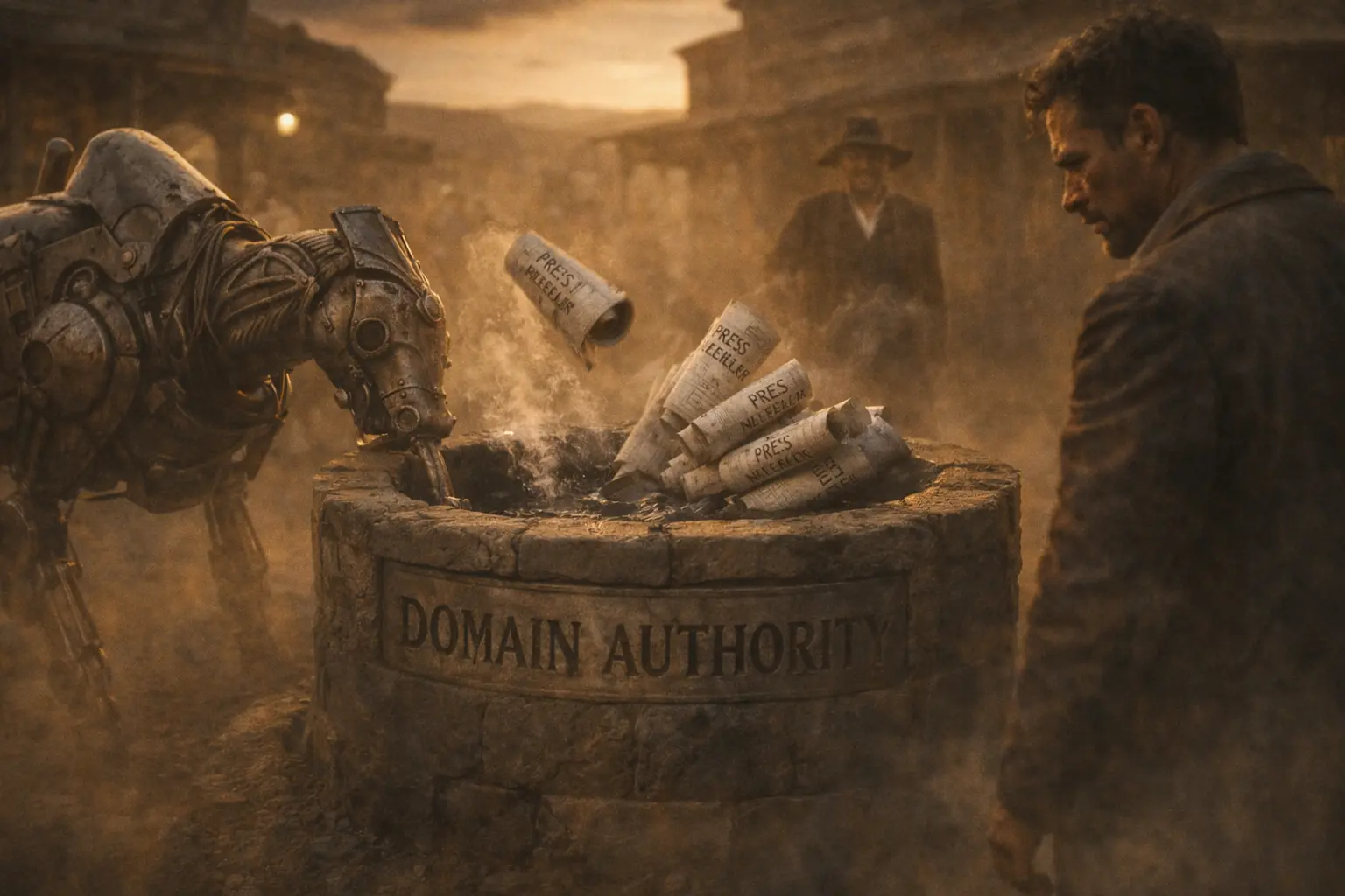 Frontier well carved with “Domain Authority” being polluted by press release scrolls as a mechanical search engine horse recoils, while a founder watches in concern.