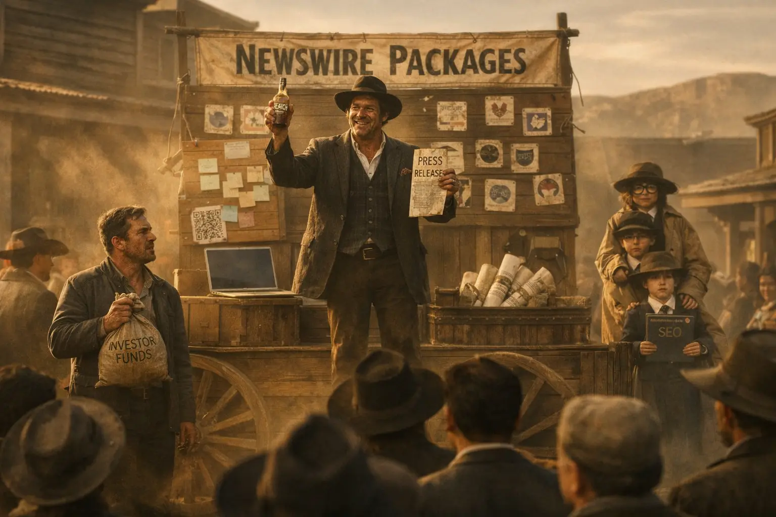 Cinematic western scene of a snake-oil salesman selling “press release distribution” to anxious Web3 founders while children in a trench coat pose as an “agency professor.”