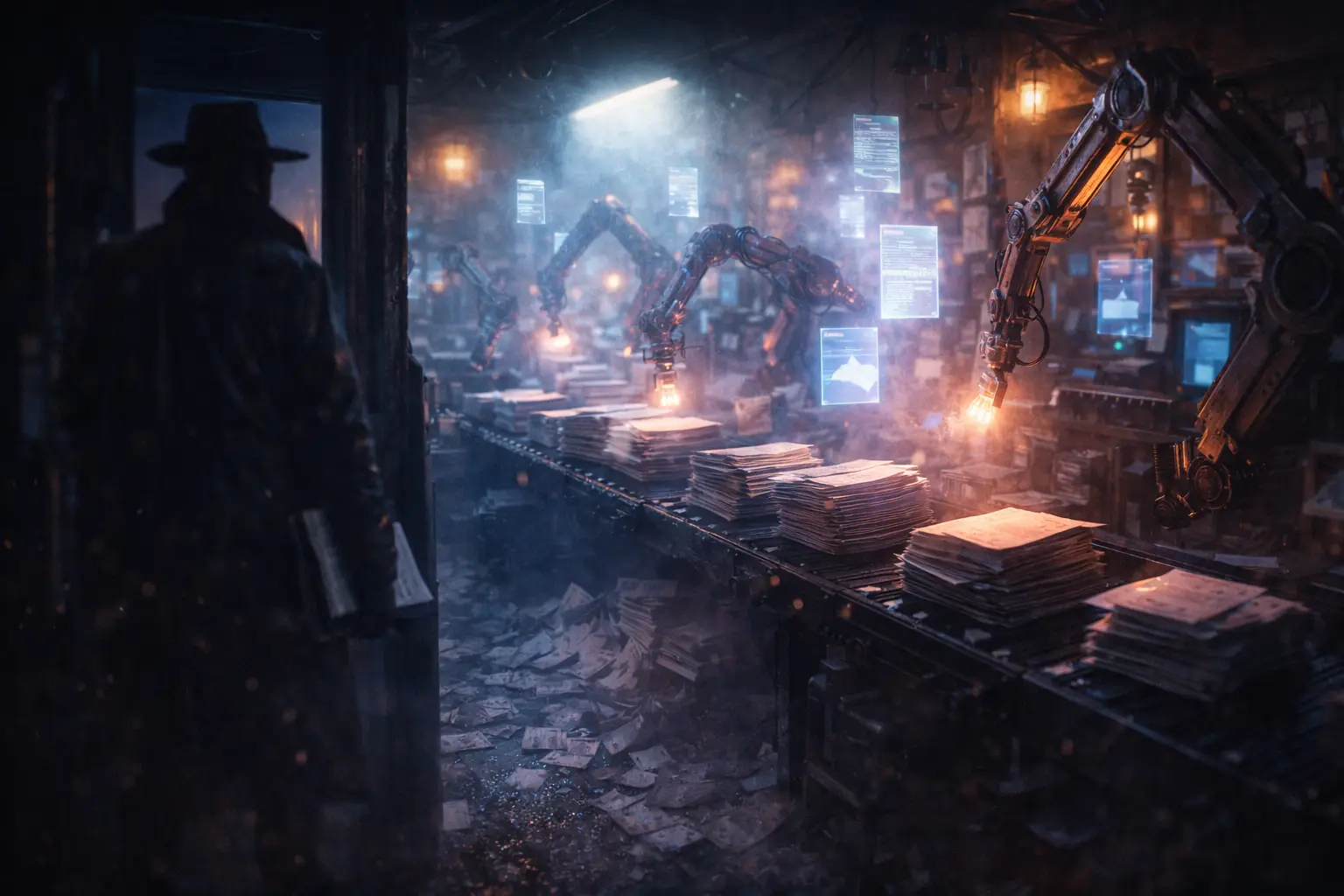 Back-room cyberpunk print workshop: conveyor belts duplicating identical press-release pages endlessly while robotic arms stamp documents, receipts piled on the floor