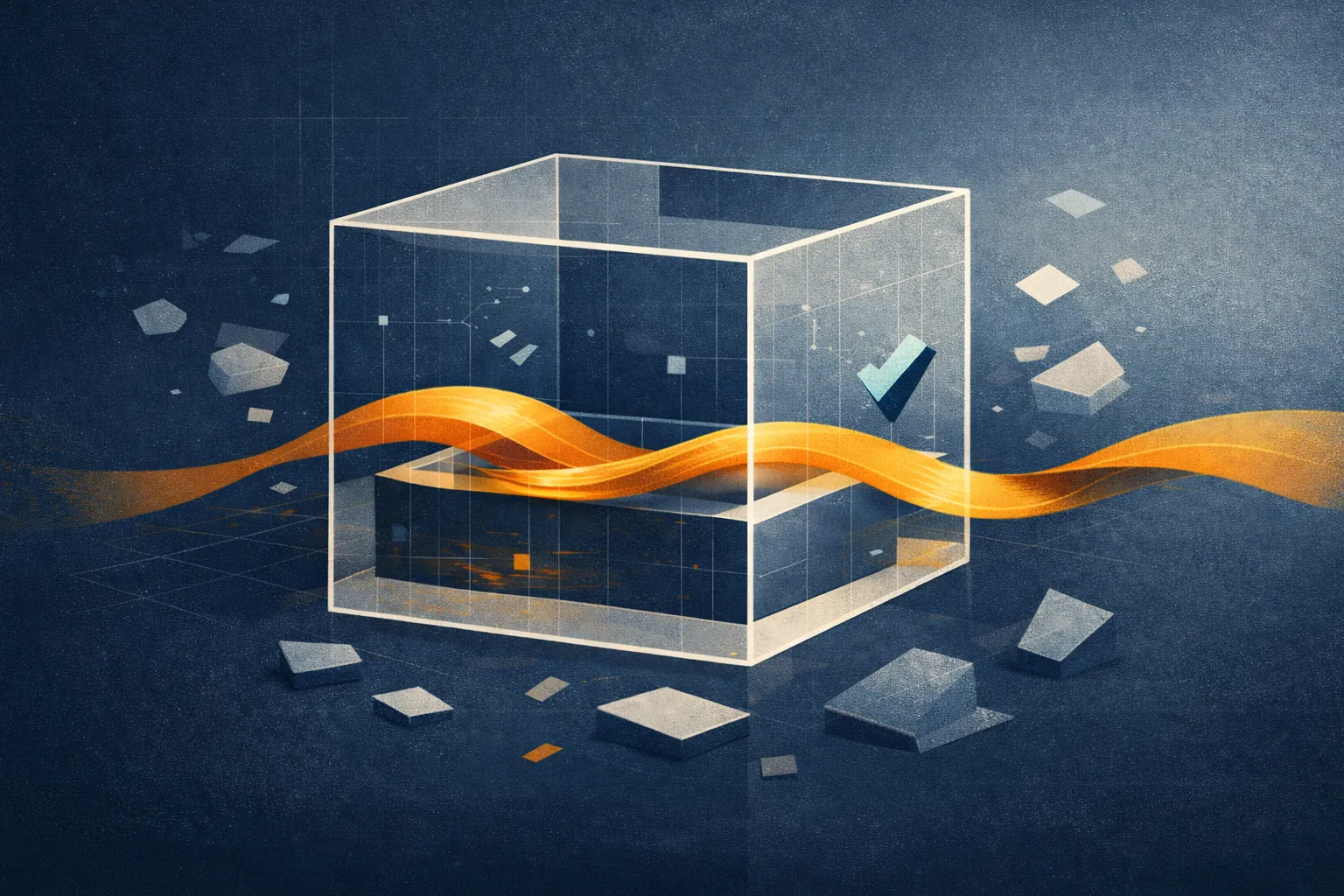 Abstract illustration of an amber syrup pool contained inside a transparent cube with circuit-like ledger details, representing compliance boundaries around institutional on-chain credit