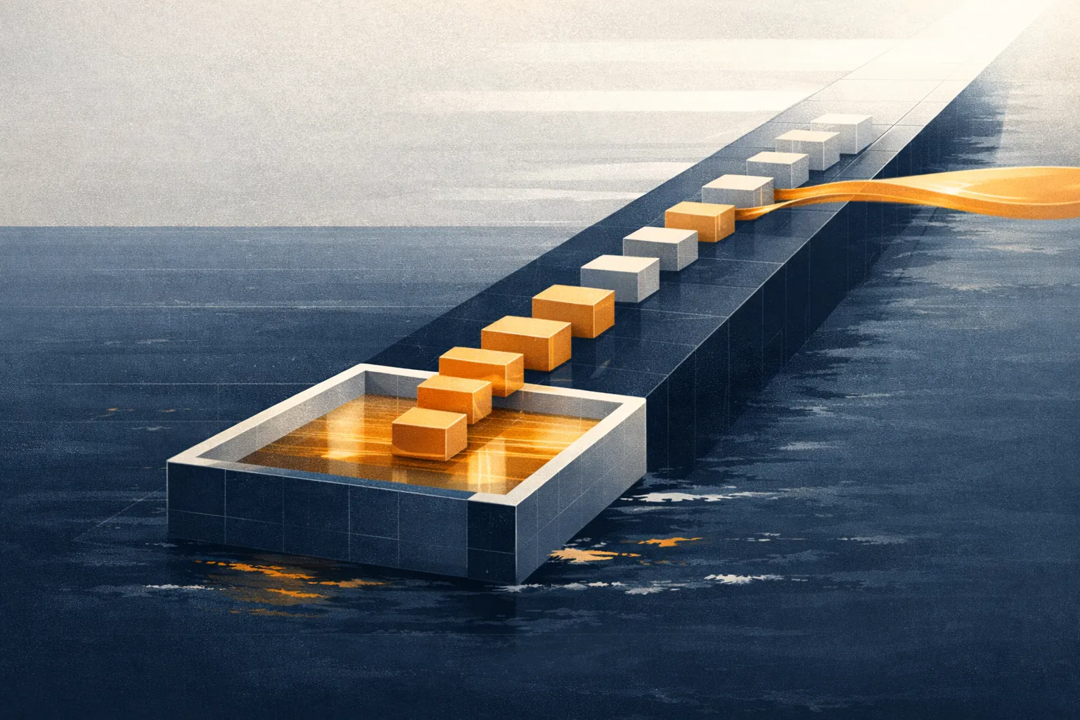 Abstract illustration of an amber syrup ribbon climbing along an upward trend line over a subtle ledger grid, representing SYRUP momentum driven by revenue and adoption