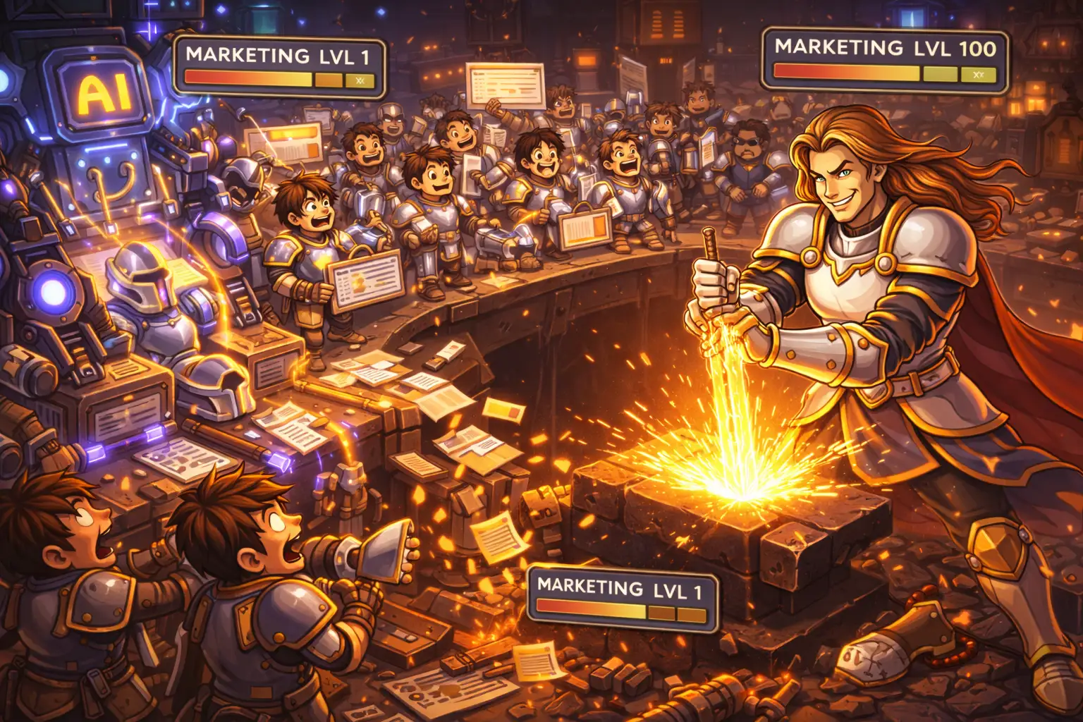 Editorial illustration showing an alpha marketer standing apart from a crowd of weaker marketers as the talent gap widens.