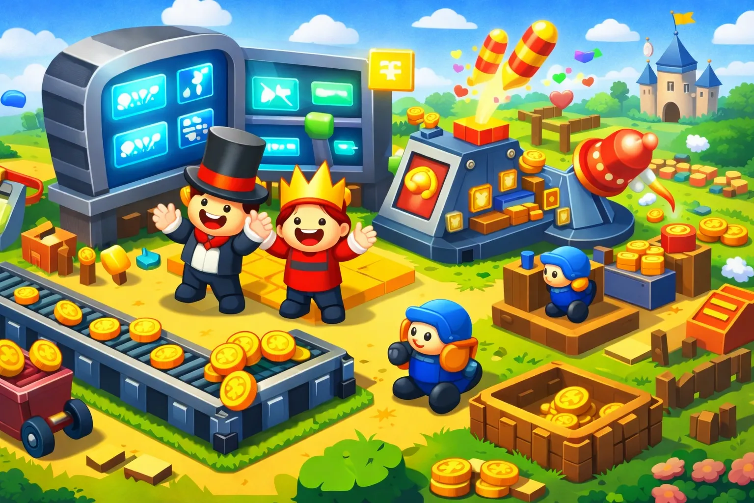 Bright mobile-game control room with dashboards and bots, symbolizing activity metrics driving token-mill incentives