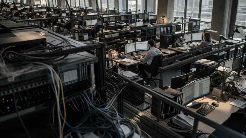 Editorial illustration of an old enterprise office setup representing the entrenched Microsoft 365 workflow stack that makes pricing increases harder for organizations to resist.