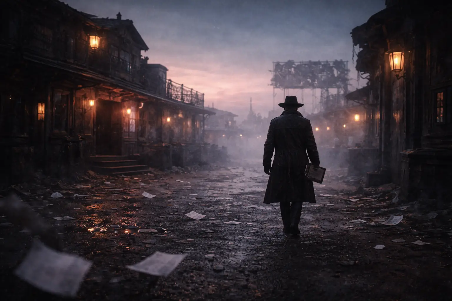 Neon cyberpunk frontier town at dawn: the press-release saloon dimming, empty street, receipts drifting like tumbleweeds as an investigative figure walks away—symbolizing the optics fading while the evidence remains