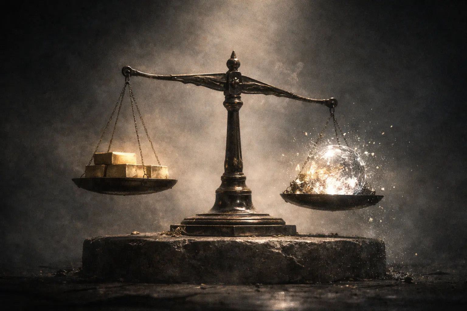 Abstract editorial illustration: balance scale with gold and volatile glowing orb