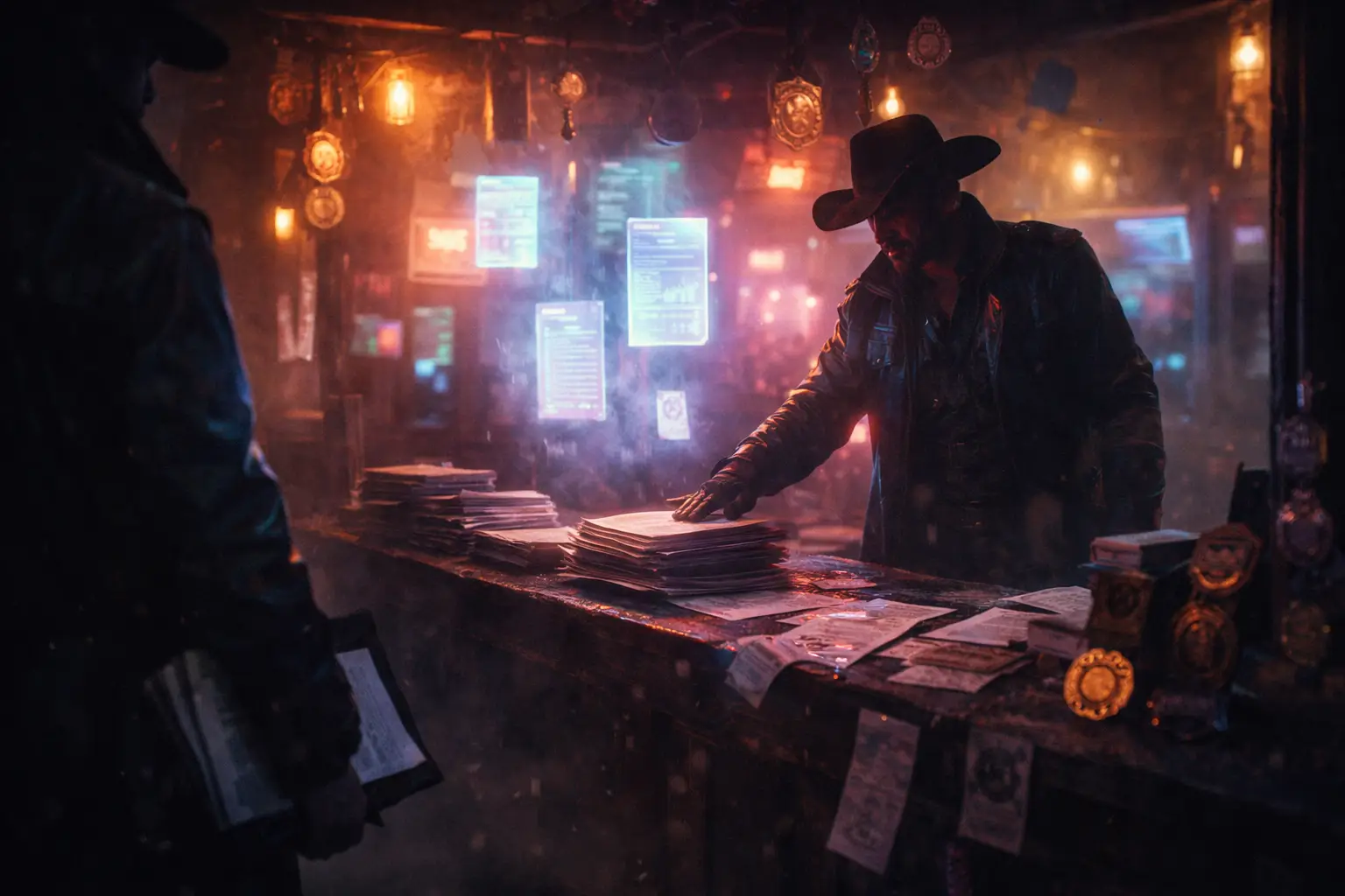 Inside a neon cyberpunk saloon: a vendor sliding press-release pages like receipts across a counter, credibility badges hanging like merchandise