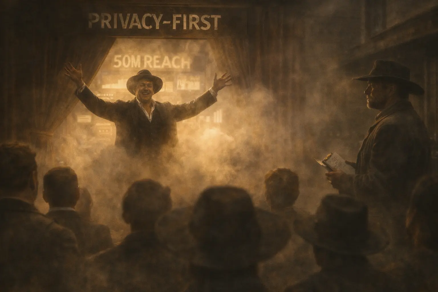 Snake-oil vendor performing behind a curtain labeled “Privacy-First,” hiding misleading reach charts while a skeptical journalist stands aside holding a checklist.